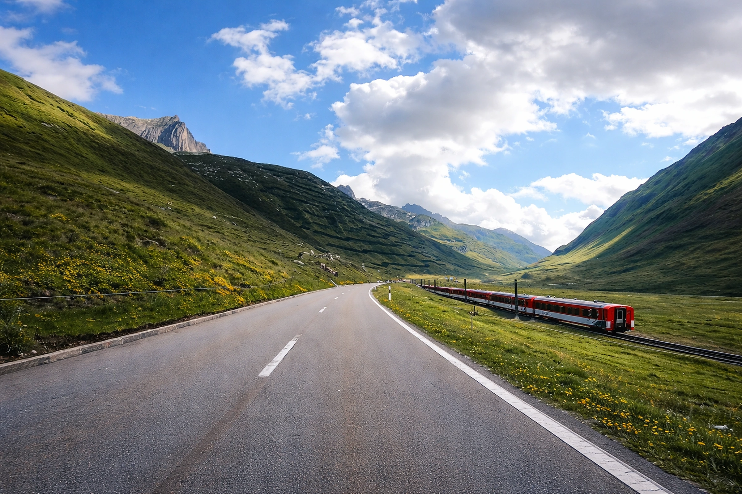 Freie Passstraße am Oberalppass neben der roten Matterhorn-Gotthard-Bahn